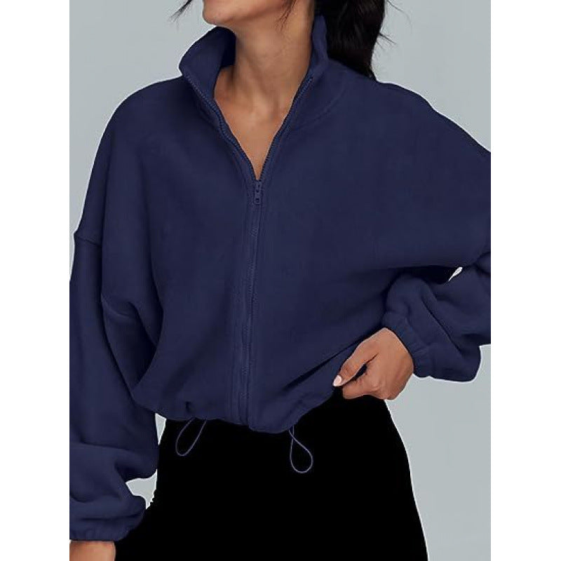 Trendy oversized zip-up pullover for ladies with high collar and drawstring Lune London