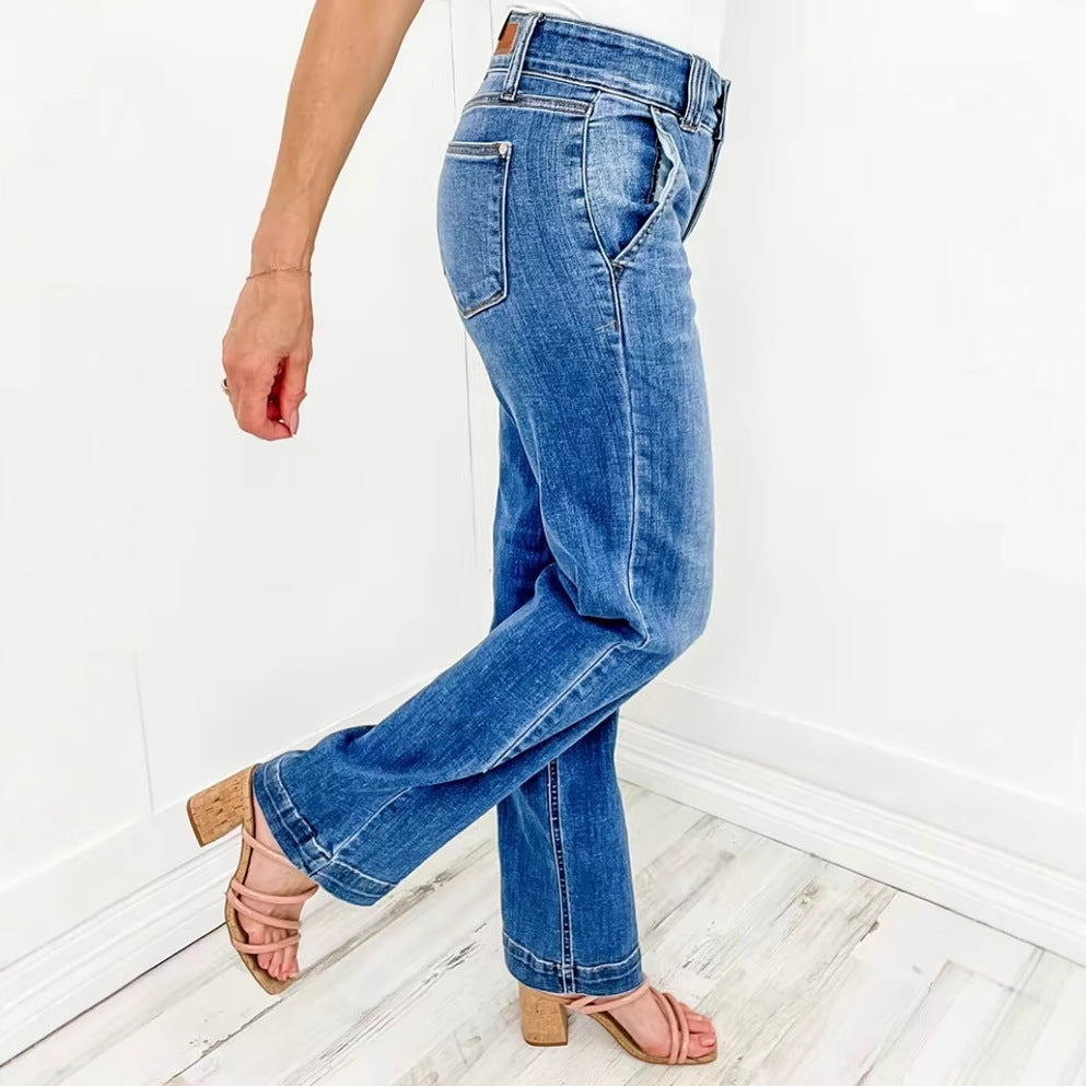 Women's Wide Leg Jeans with High Waist and Elegant Seam Design
