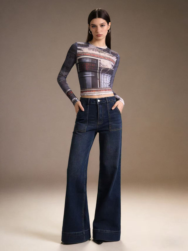 Ladies High-Waist Wide-Leg Trousers with Trendy Patch Lune London
