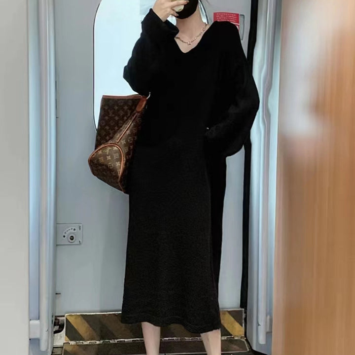 Knit dress for women with deep V-neck and wide sleeves Lune London