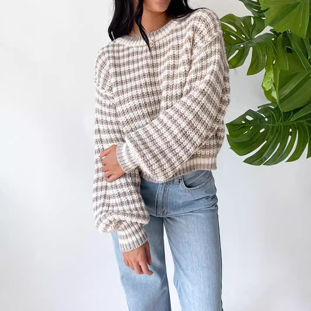 Women Short Knit Sweater with Flared Sleeves and a Chic and Stylish Striped Pattern