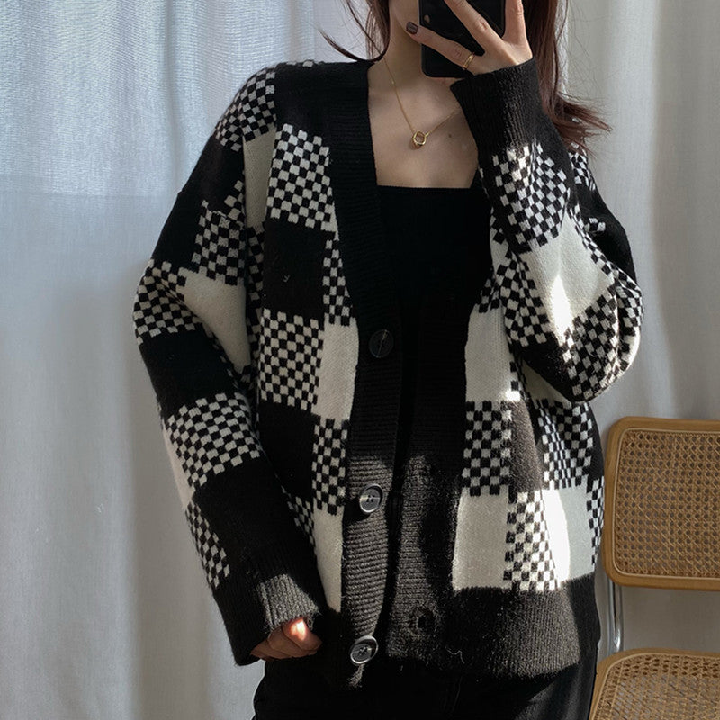 Ladies chunky knit cardigan with contrasting check pattern and button details Lune London