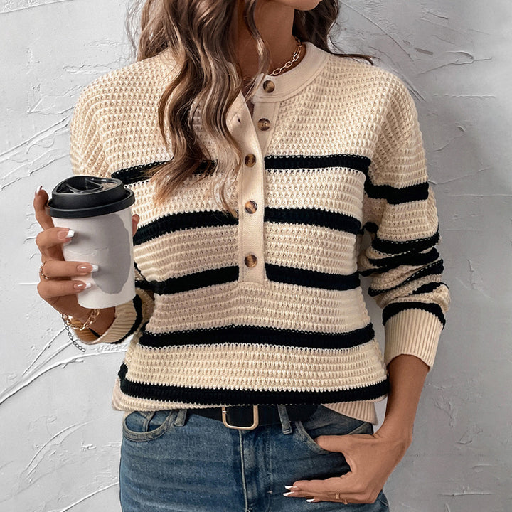 Fashionable knit sweater for women with button placket and striped pattern Lune London