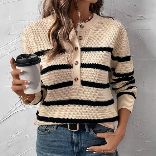 Fashionable knit sweater for women with button placket and striped pattern Lune London