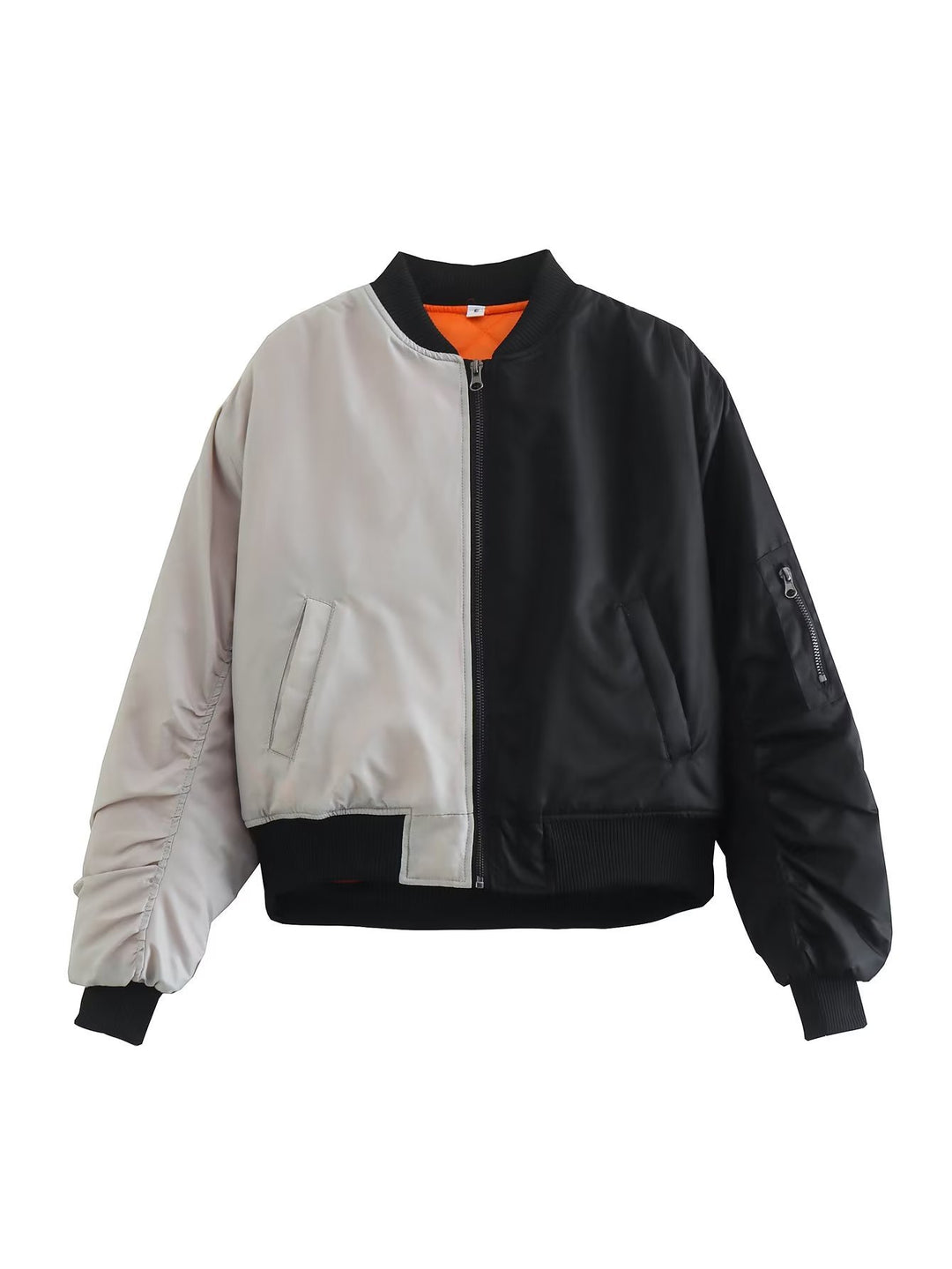 Trendy women's bomber jacket with a playful patchwork design and practical zip pockets Lune London