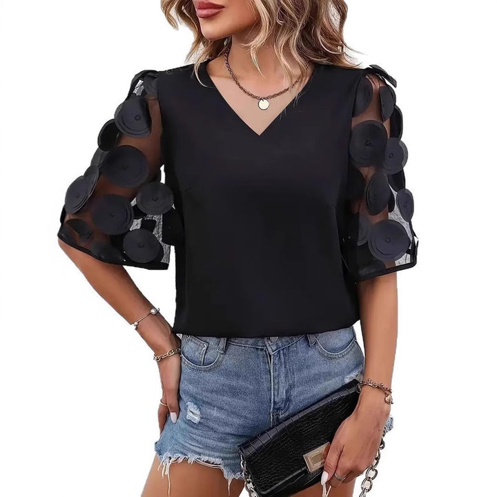 Ladies Elegant Top with Sheer Puff Sleeves and a Chic V Neck