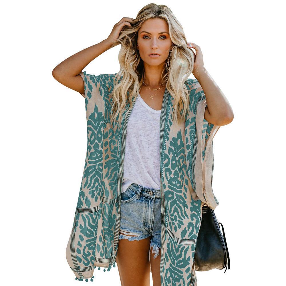 Ladies lightweight kimono cardigan with intricate pattern and fringed hem Lune London
