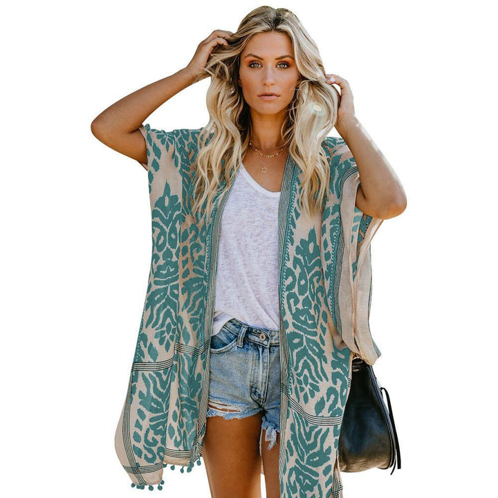Ladies lightweight kimono cardigan with intricate pattern and fringed hem Lune London