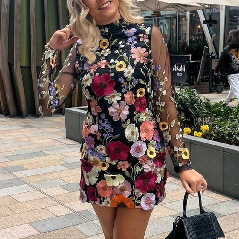 Women's Floral Embroidered Mini Dress with Sheer Sleeves Lune London