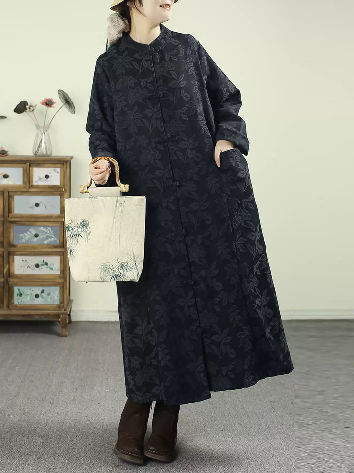 Lune London | Size Black Oriental Jacquard Spandex Coats with Buttons