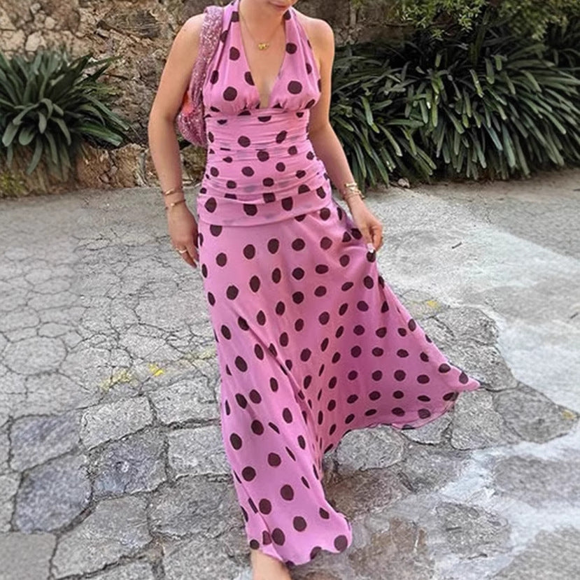 Women Elegant Maxi Dress with Polka Dots and Deep V Neck Lune London