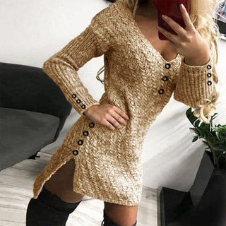 Women’s knit dress with an elegant V-neck, button details, and a side slit Lune London