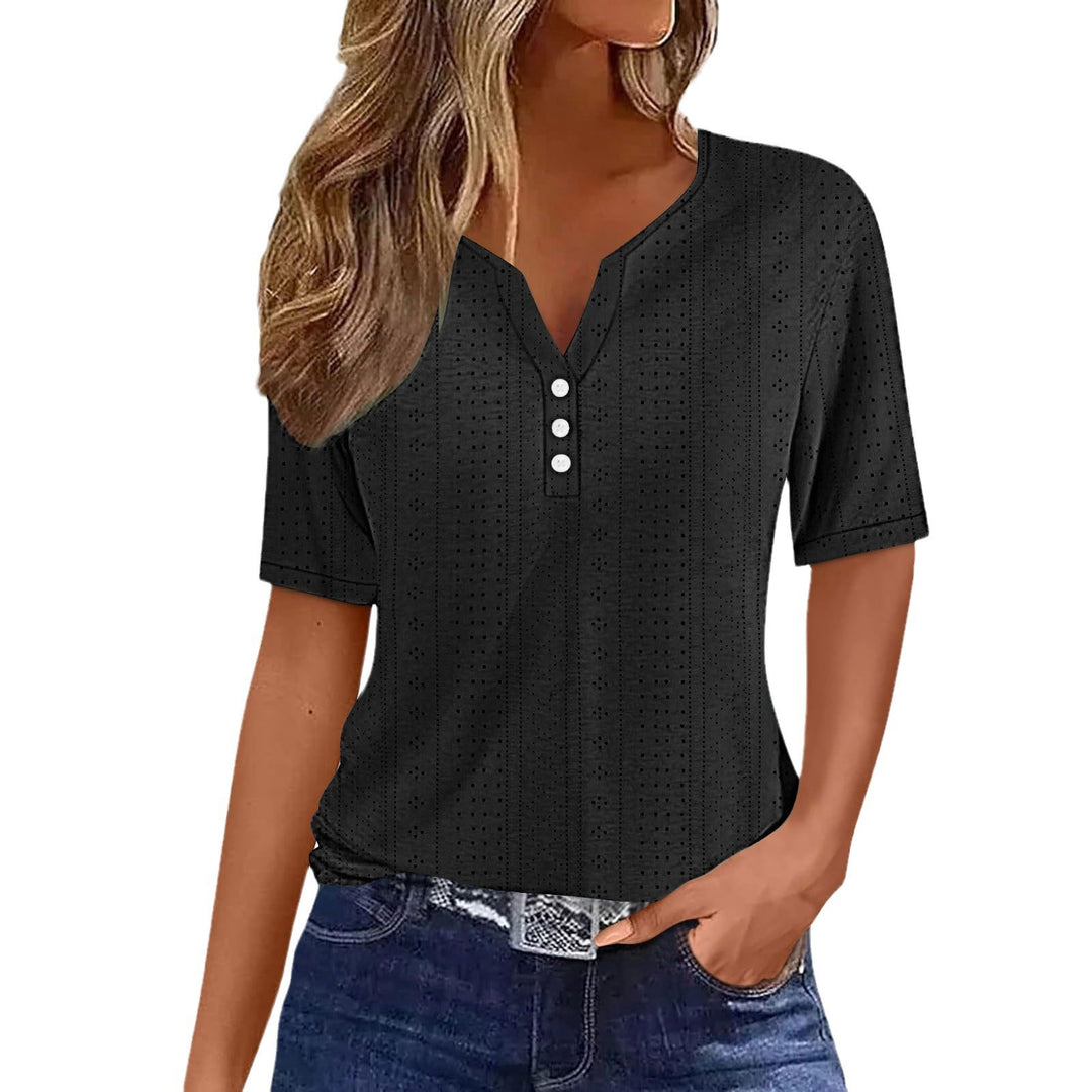 Short sleeve blouse for women with V-neck and button details Lune London
