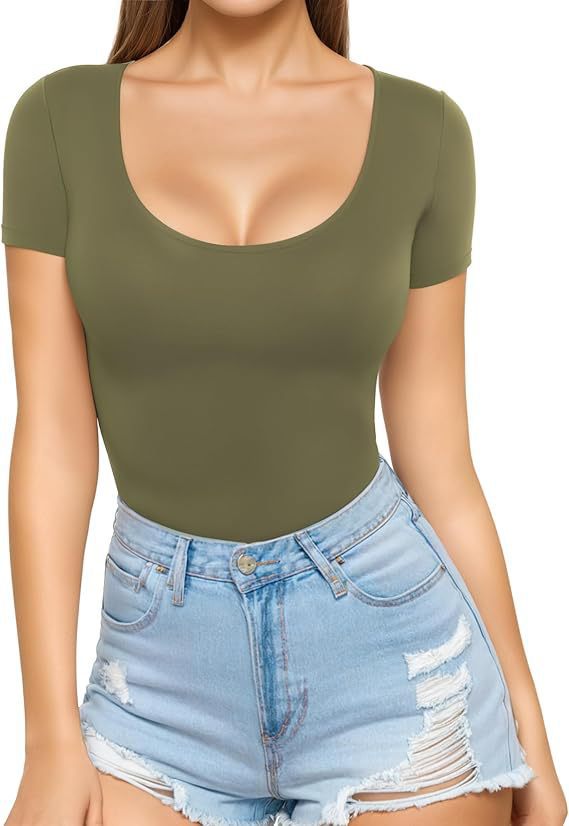 Women's fitted short-sleeve bodysuit with round neckline and seamless design Lune London