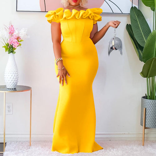 Fitted evening dress for women with voluminous ruffle collar Lune London