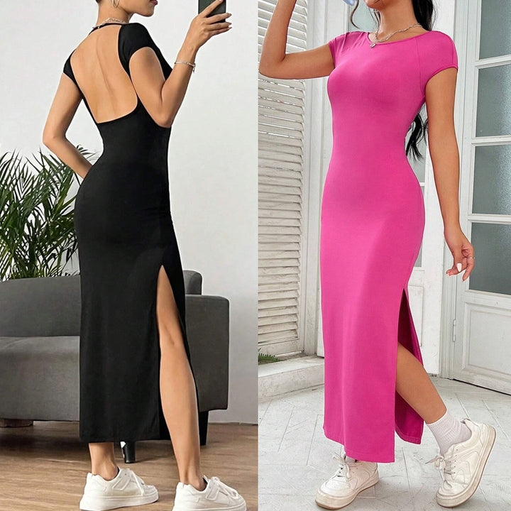 Robe maxi femme en jersey extensible avec une coupe ajustée et un col rond Chic & Stil
