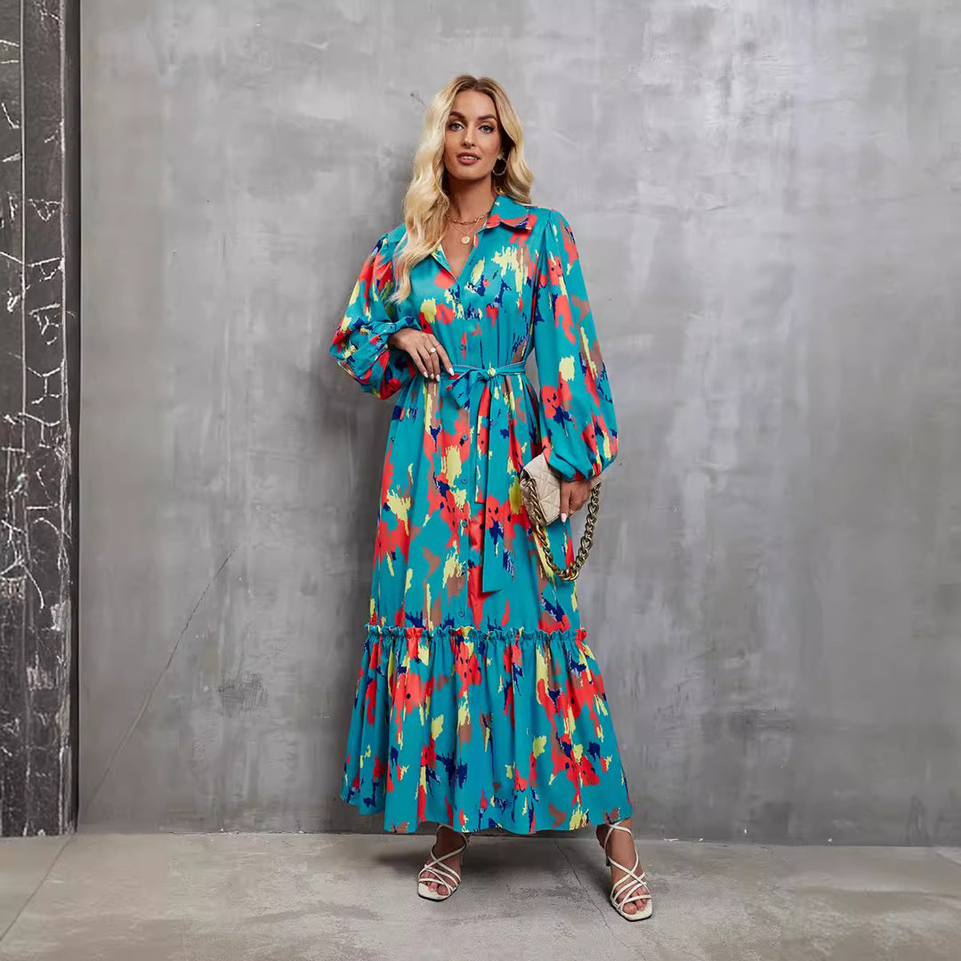 Ladies elegant maxi dress with high neck collar and colorful pattern Lune London