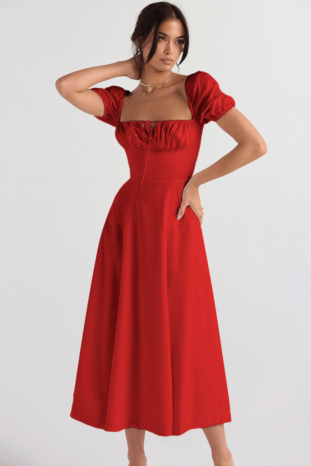 Elegant Midi Dress for Women with Puff Sleeves and Chic Refined Neckline & Style