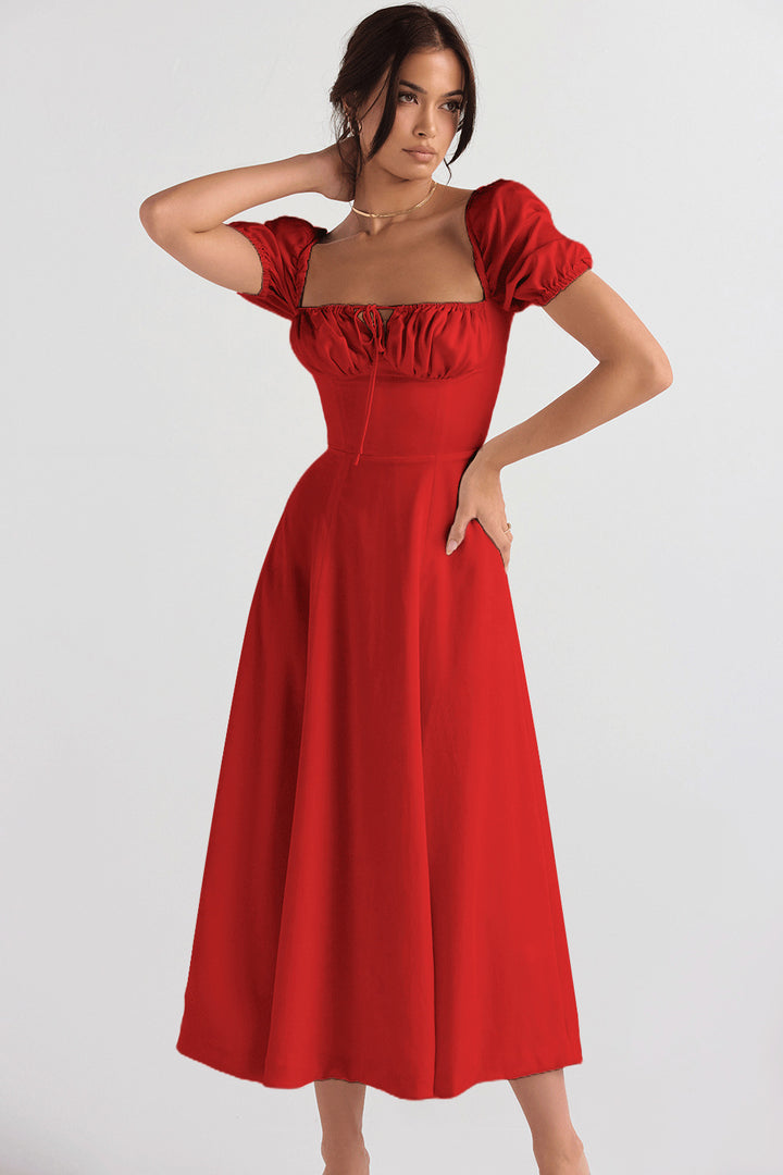 Elegant Midi Dress for Women with Puff Sleeves and Chic Refined Neckline & Style