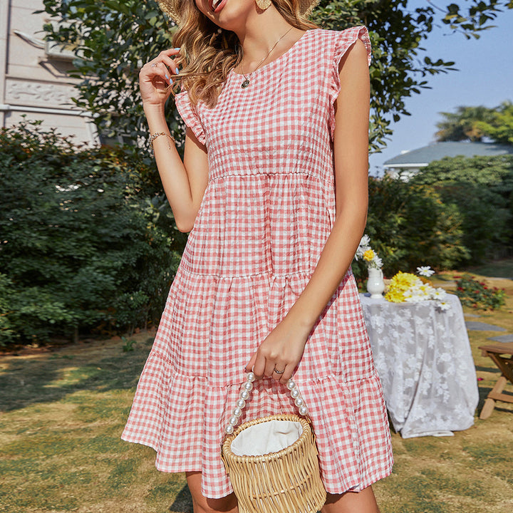 Robe à carreaux sans manches pour femmes avec jupe évasée Chic & Stil