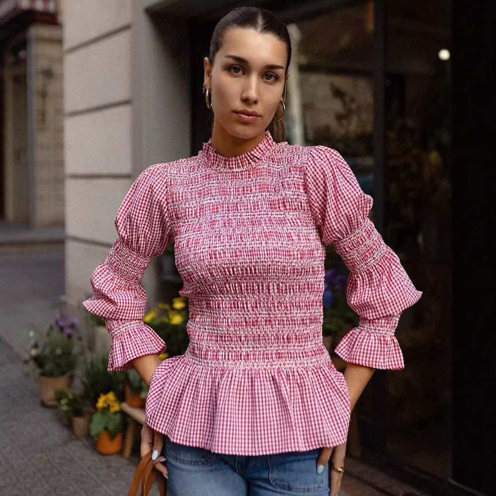 Ruffled blouse for women with gingham pattern and elegant puff sleeves Lune London