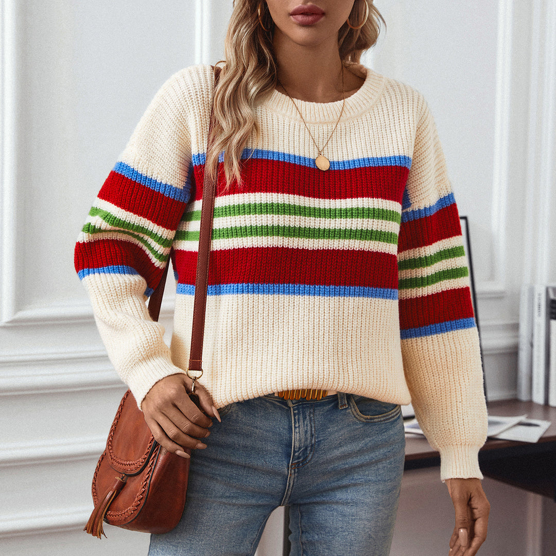 Casual knitted sweater for women with colorful stripes and a round neck Lune London