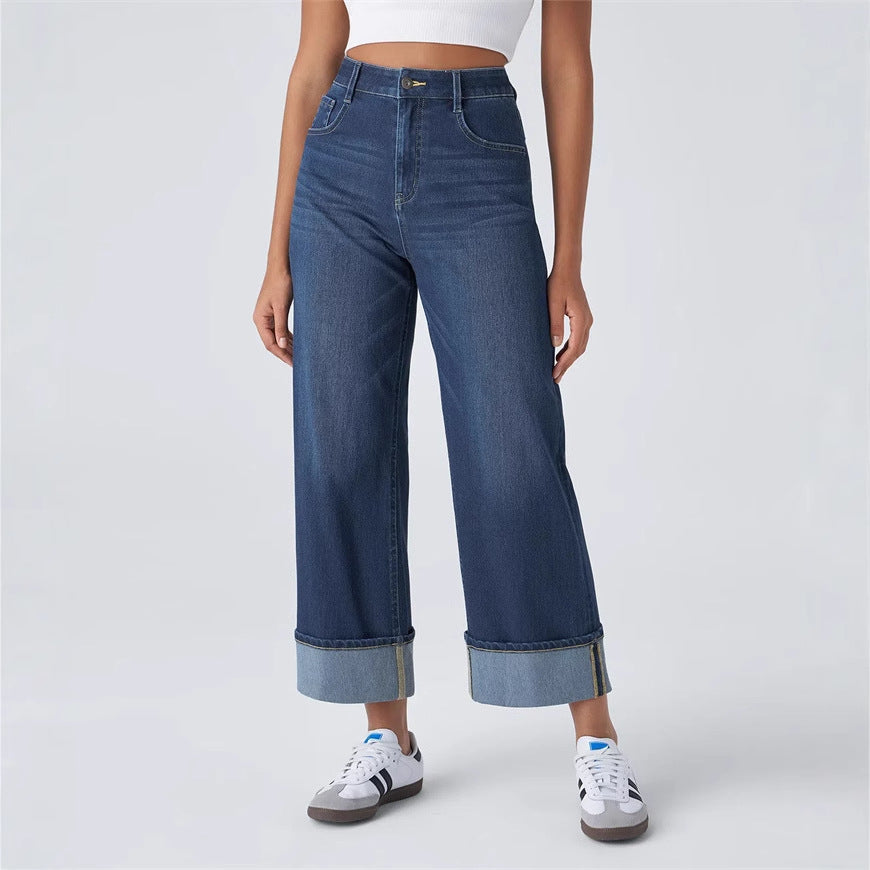 Pantalons en denim à large coupe pour femmes avec ourlet à revers Chic & Stil