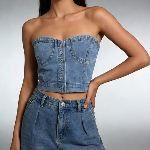 Women's Denim Bustier Top with Button Details and Tailored Fit Lune London