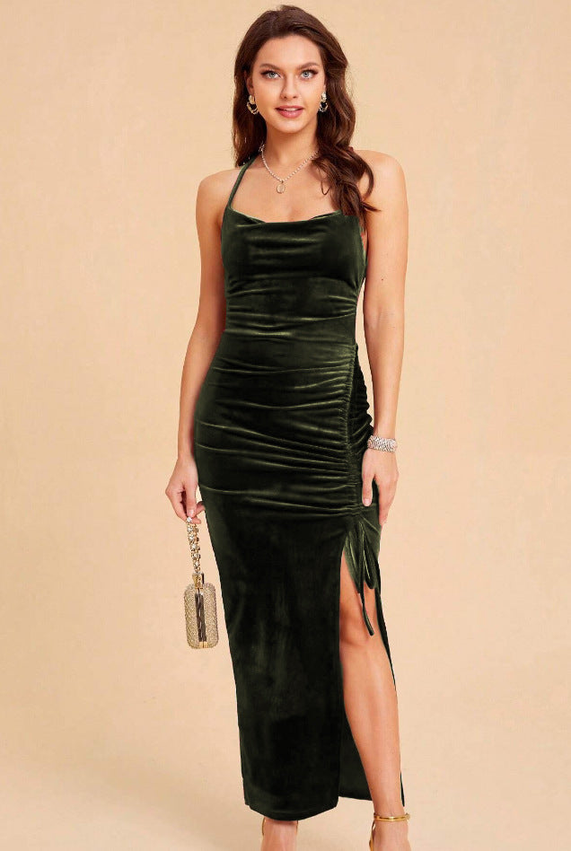 Elegant velvet maxi dress for women with adjustable slit and refined gathers Lune London