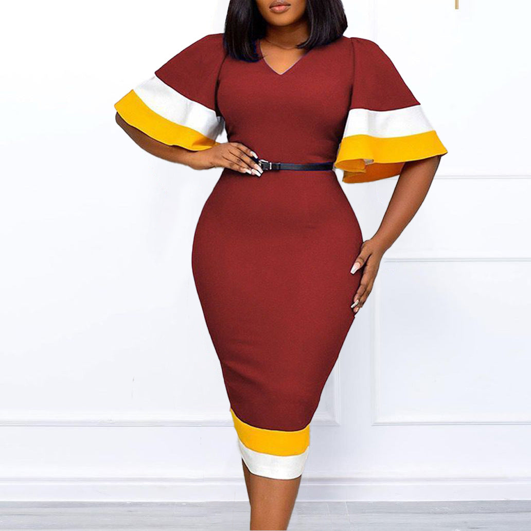 Ladies Elegant V Neck Dress with Contrasting Flutter Sleeves and Chic Waist Belt