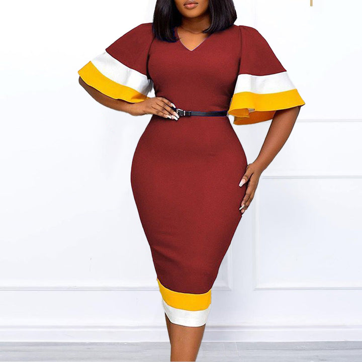 Ladies Elegant V Neck Dress with Contrasting Flutter Sleeves and Chic Waist Belt