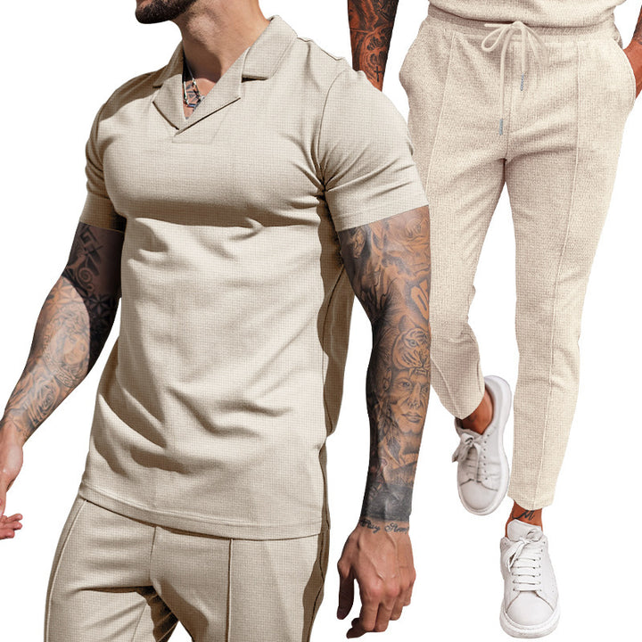 Elegant men's short sleeve polo with textured design and matching slim-fit trousers Lune London