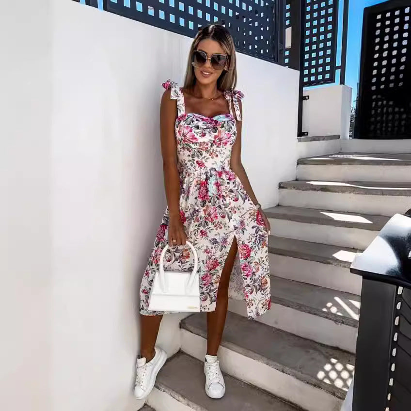 Lune London Floral Print High Slit Midi Dress