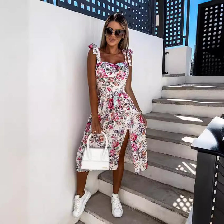 Lune London Floral Print High Slit Midi Dress