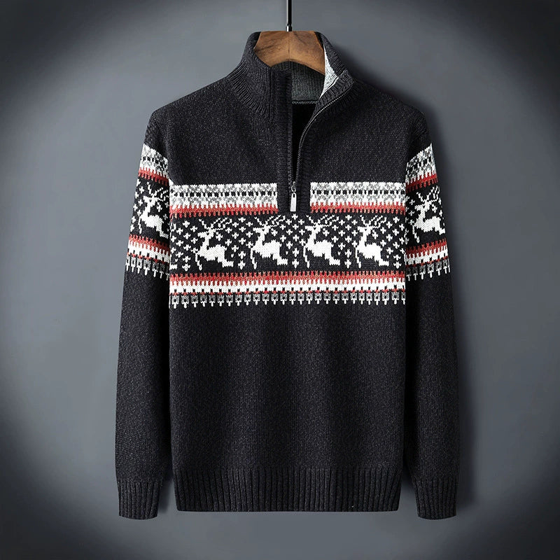 Lune London | Winter sweater for men - warm knitted sweater with half-zip and Scandinavian reindeer pattern