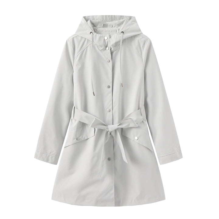 Modest outdoor jacket for ladies with belt and hood Lune London