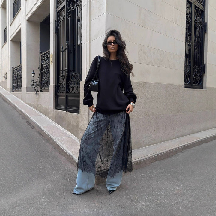 Pull décontracté surdimensionné pour femmes avec des détails de volants élégants et une transparence à la mode Chic & Stil