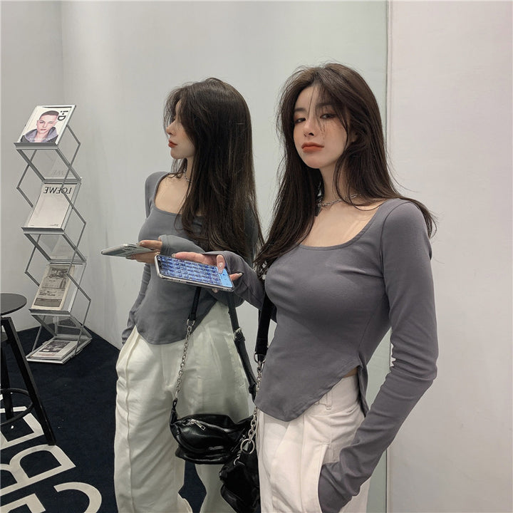 Women's Long Sleeve Top with Wide Round Neckline and Elastic Cuffs