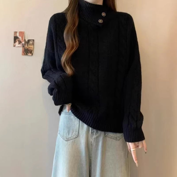 Sweater en tricot épais pour femmes avec col montant et détails en boutons Chic & Stil
