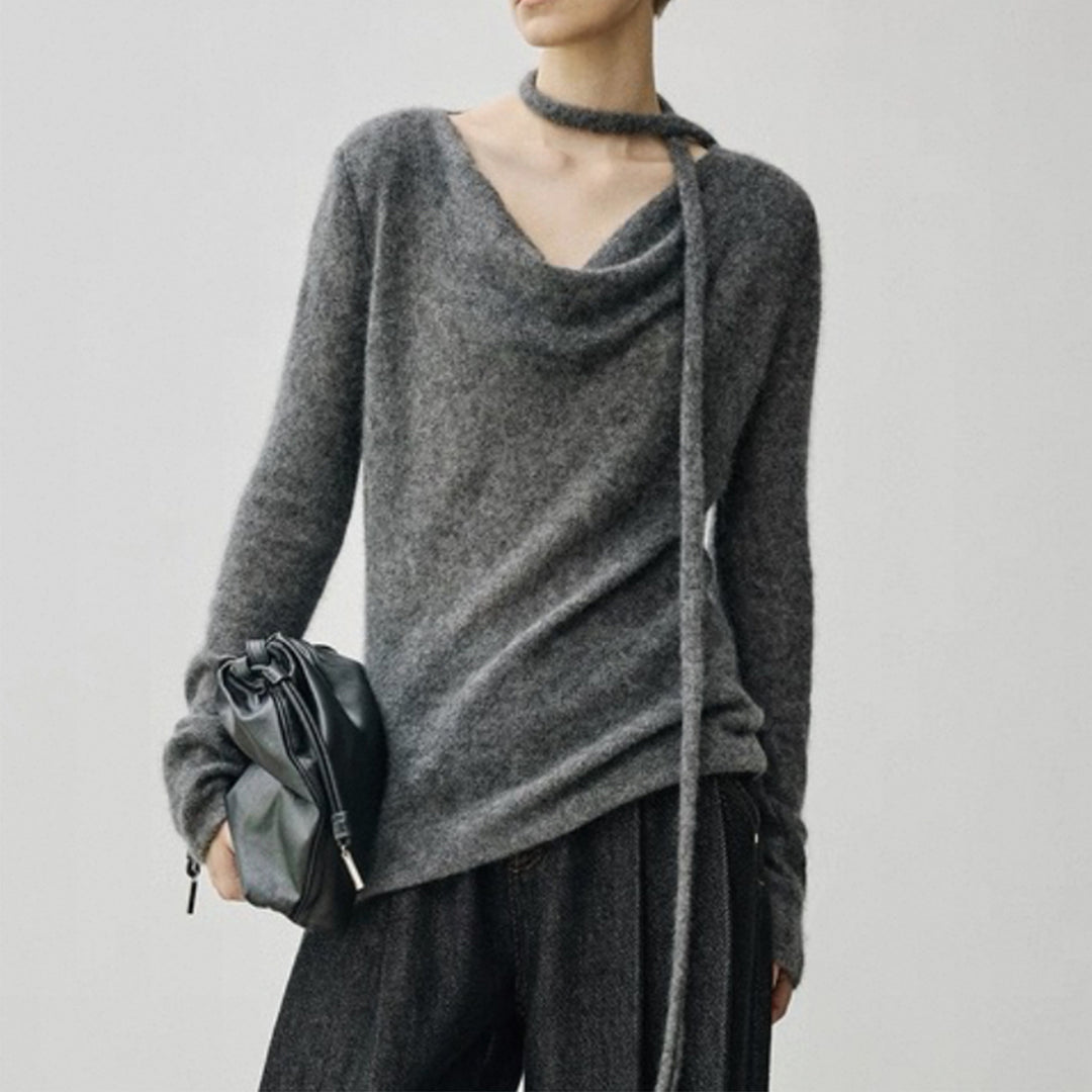 Ladies Elegant Knit Top with Open Neckline and Tie Lune London