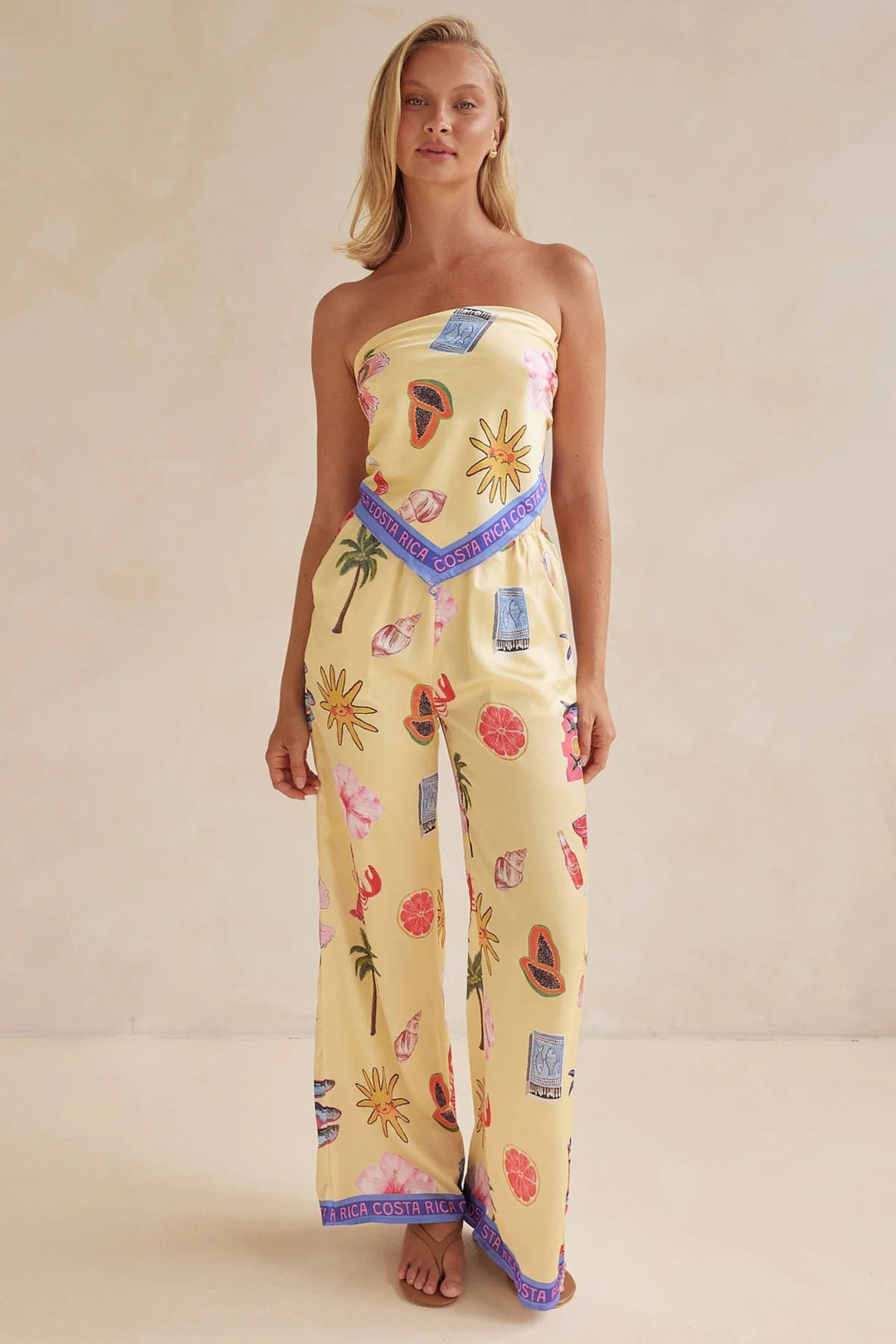 Women's jumpsuit with playful tropical patterns and elastic top Lune London