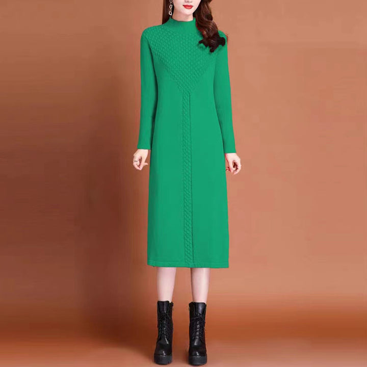 Maxi knit dress for women with high collar and elegant braided details Lune London