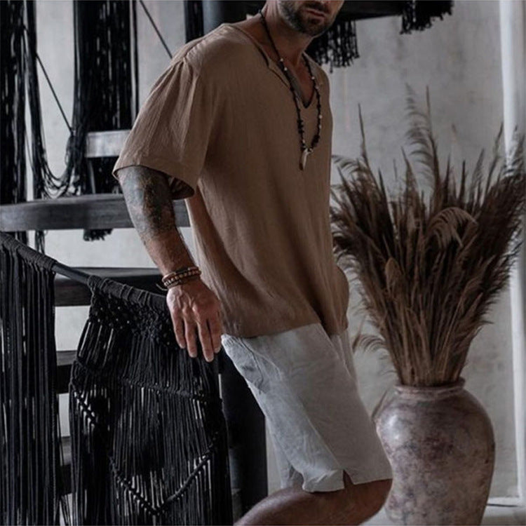 Men's Short Linen Top with V-Neck and Casual Cut Lune London