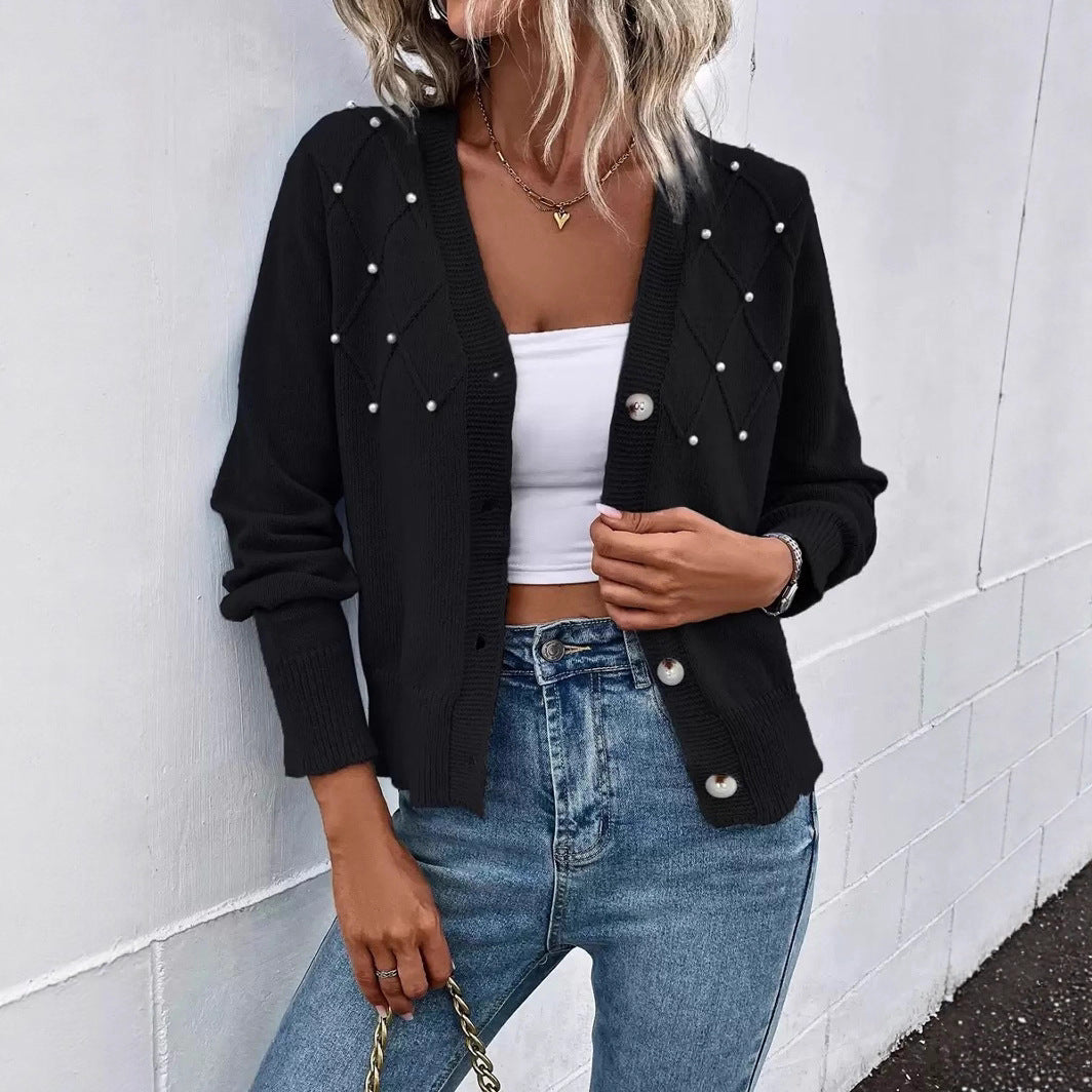 Women's knit jacket with pearl ornament and V-neck Lune London