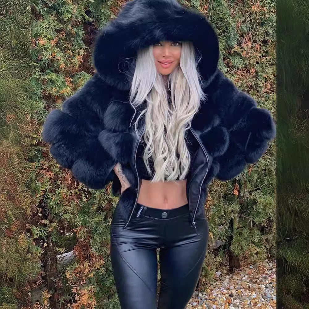 Women's sporty faux fur jacket with hood Lune London