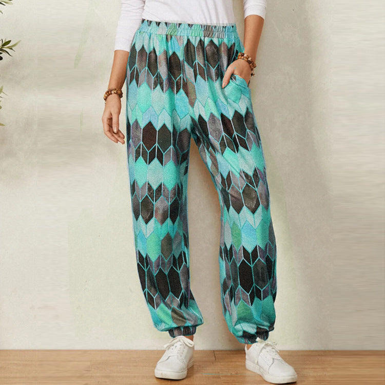 Leisure pants for women with modern geometric pattern and elastic waist Lune London