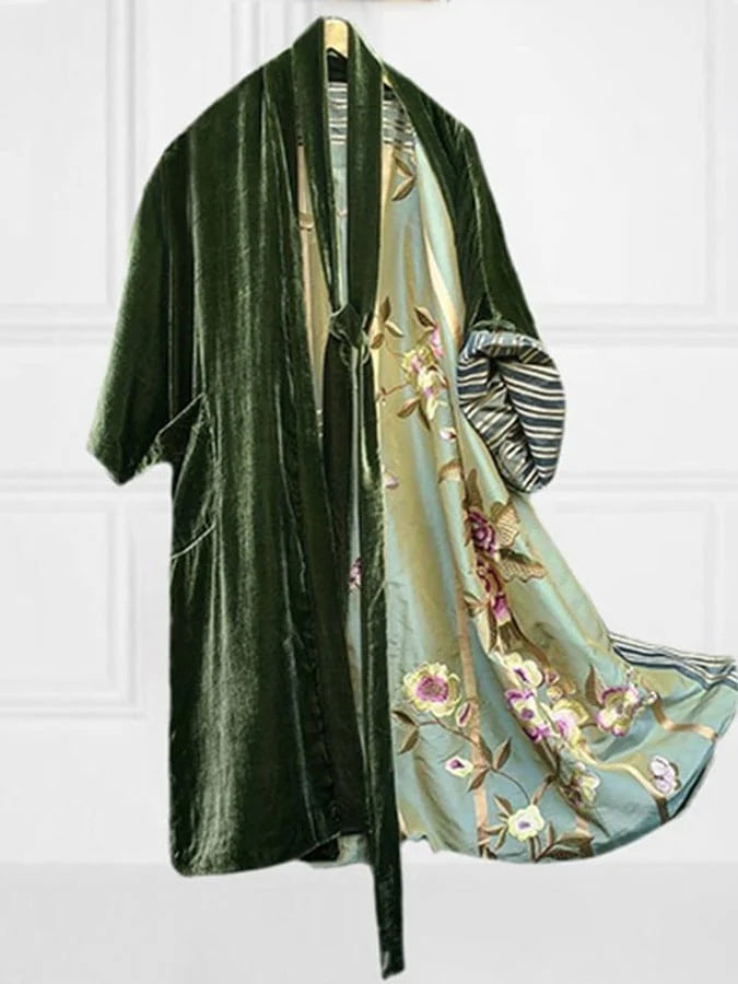 Chic Und Stil | Satin Digital Floral Waist Belt Cardigan Pajamas
