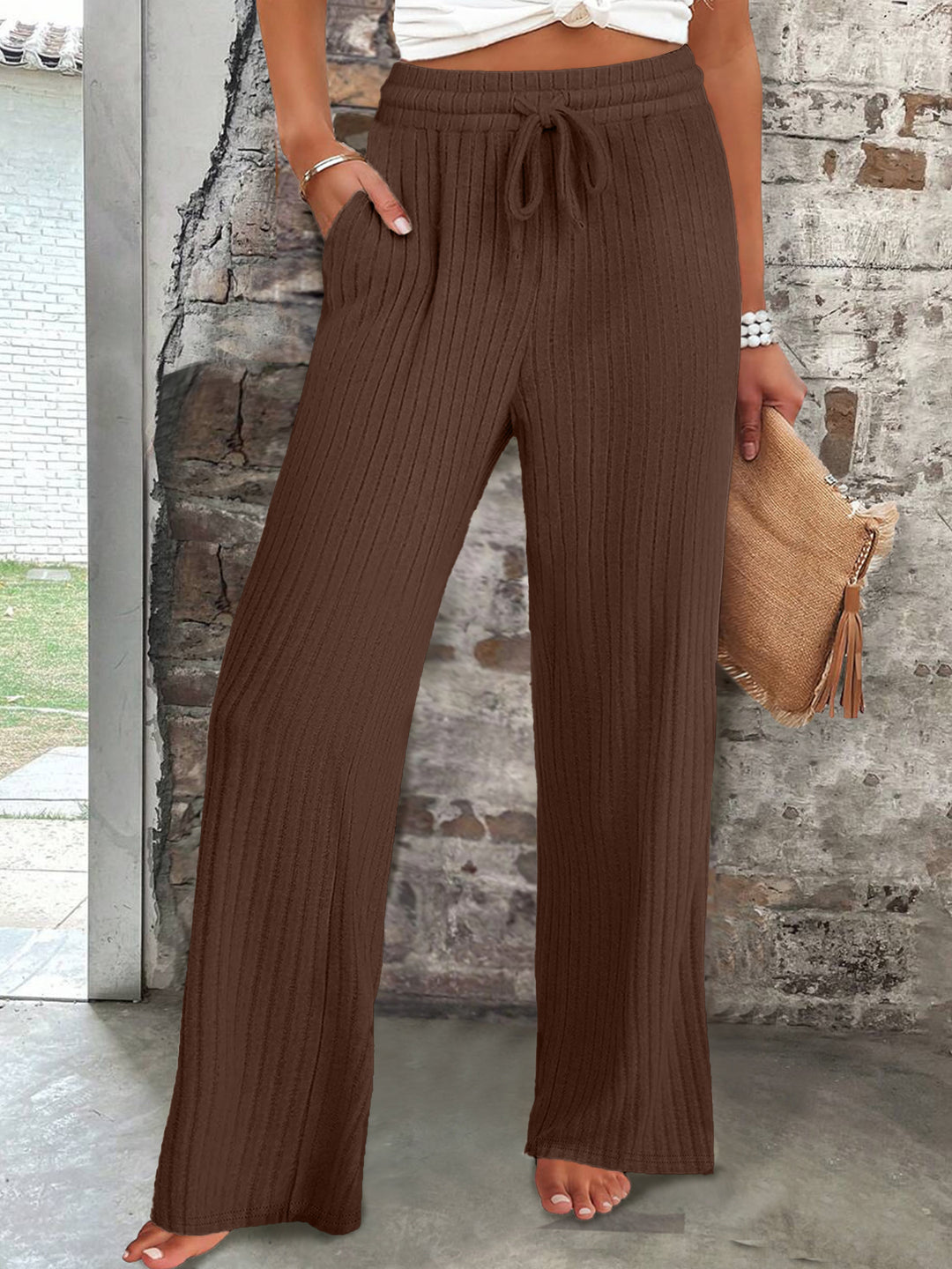 Wide ribbed knit pants for women with elastic waistband Lune London