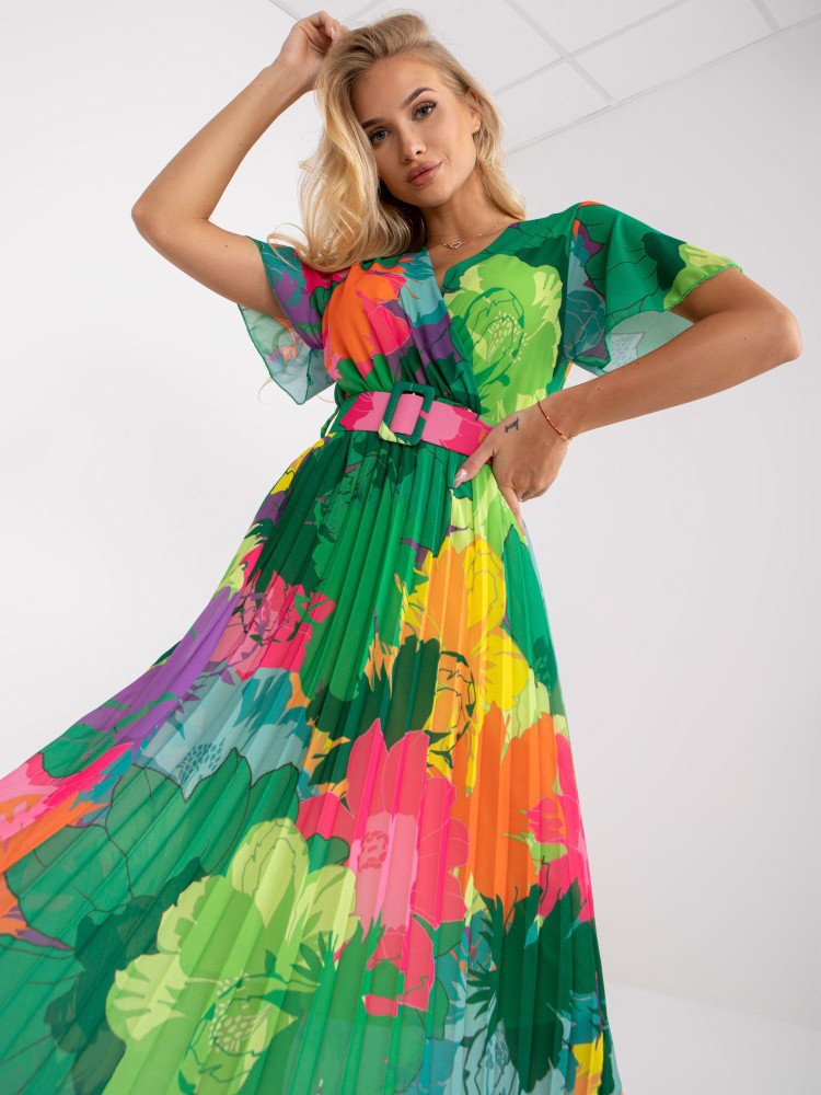 Maxi flower pleated dress for women with adjustable belt Lune London