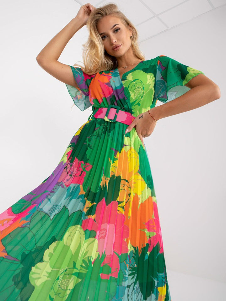Maxi flower pleated dress for women with adjustable belt Lune London